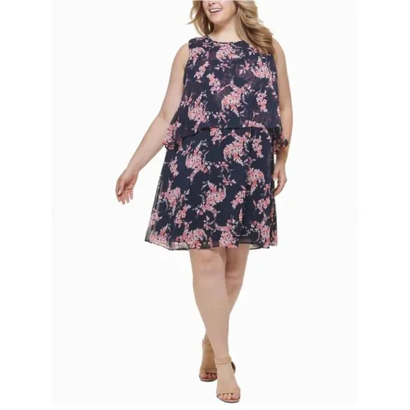NWT Tommy Hilfiger Floral Print Tiered Shift Dress Flowy A-line Mini Tank Dress - Picture 1 of 5